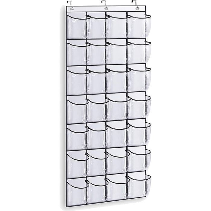 Étagère à chaussures suspendue à 28 compartiments grand porte-chaussures transparent blanc pour placard ou porte de dressing.
