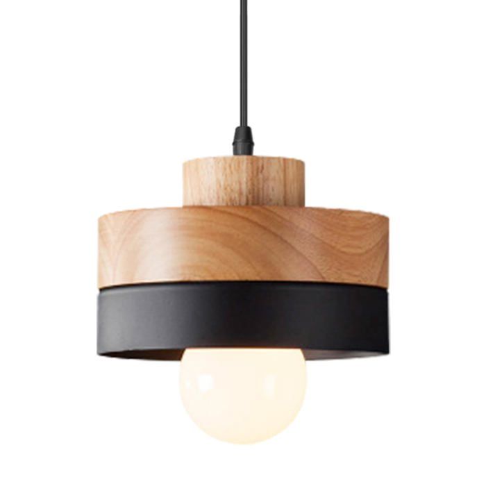 Suspension naire Bois Ronde Rétro Plafonnier Design Vintage E27 Eclairage Intérieur ères Lustre Abat-jour Métal noir ronde LUSTRE