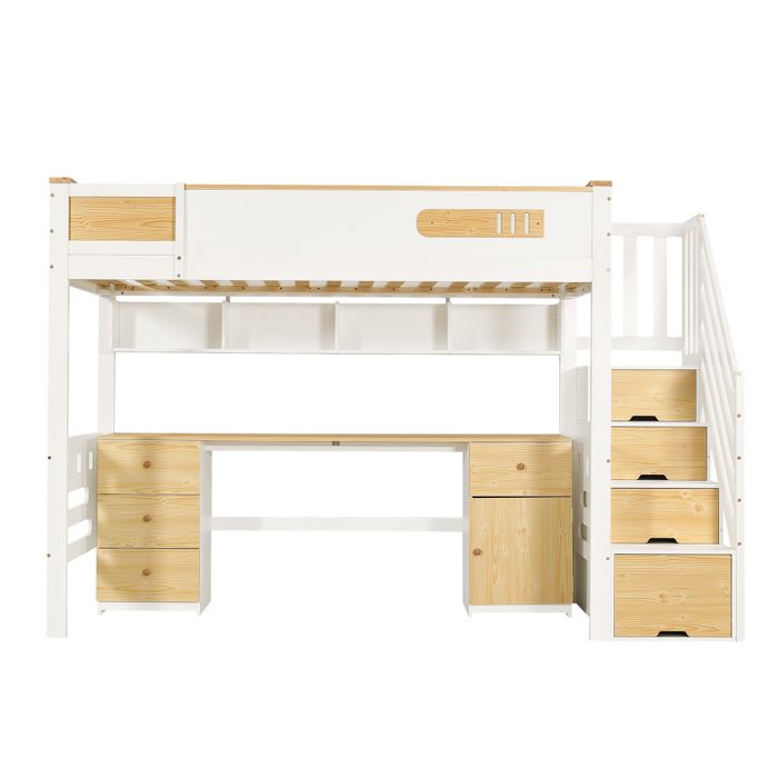 Lit mezzanine enfant 90x200 cm avec bureau tiroirs escalier rangement et étagère suspendue blanc bois naturel