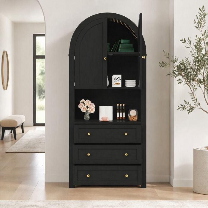 MEULVA Armoire haute en arc noire 3 tiroirs portes avec rangement ouvert MDF et métal
