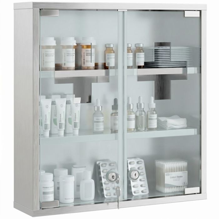 Armoire à pharmacie - HOMCOM - murale - portes en verre verrouillables 2 clés - acier inoxydable - 46 x 12 x 48 cm - argenté