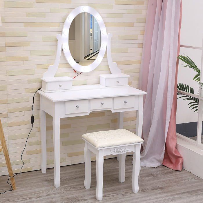 Coiffeuse moderne avec miroir ovale LED rotatif 360° – 10 ampoules cinéma – 5 tiroirs spacieux – meuble de maquillage blanc