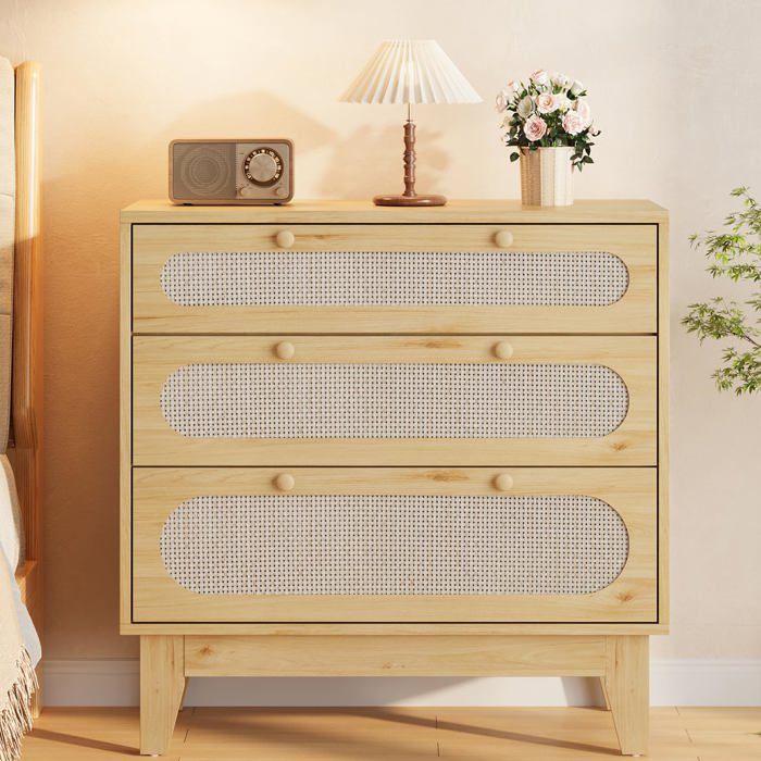 Commode 3 tiroirs bois et rotin – Poignées et pieds bois – Anti-basculement – Pour salon chambre entrée – 80 x 40 x 79cm - Naturel