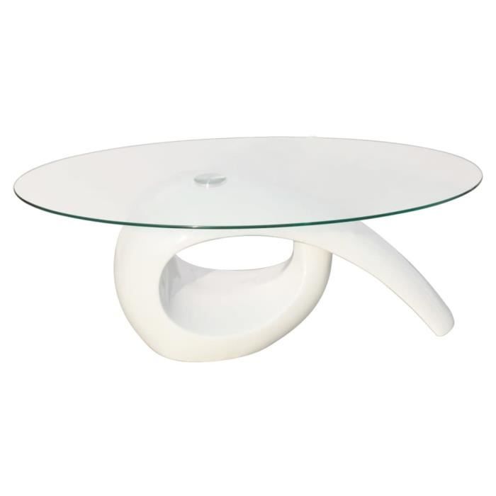 Table basse - Akozon - Ovale - Blanc brillant - Verre trempé - Design contemporain
