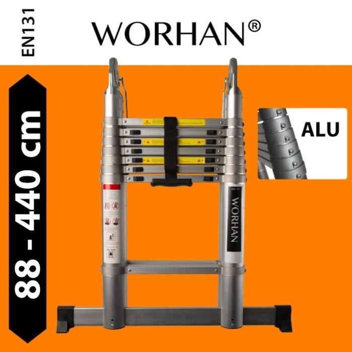 Échelle Télescopique WOERTHER 4,4m/2,2m Alu 7175T6 - 14 Marches 150kg Avec Housse Et Plateforme