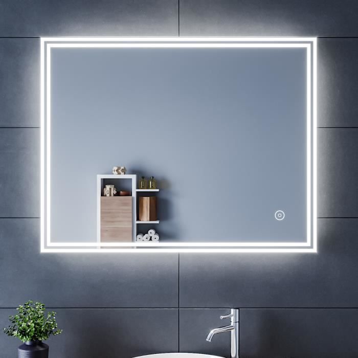 SIRHONA 90x70cm Miroir de Salle de Bains avec éclairage LED Miroir Cosmétiques Mural Lumière Illumination avec Commande par