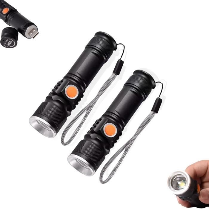 2x lampe torche led rechargeable usb, 3000lm, 4 modes d'éclairage (stroboscope, moyenne, intense, sos). lampe de poche