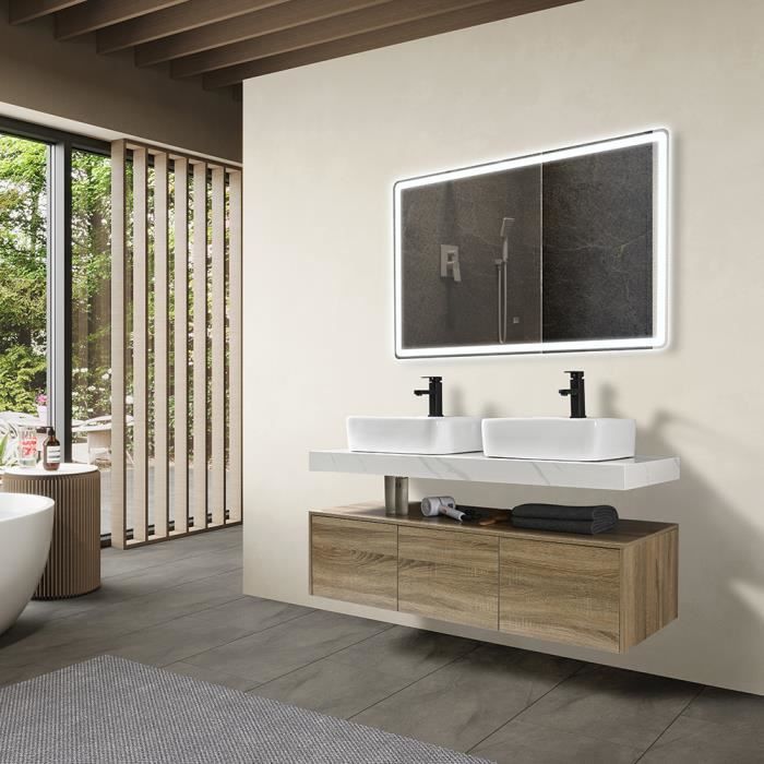 LuxuryBain - Meuble de salle de bain double vasque 140cm bois et effet marbre avec miroir led