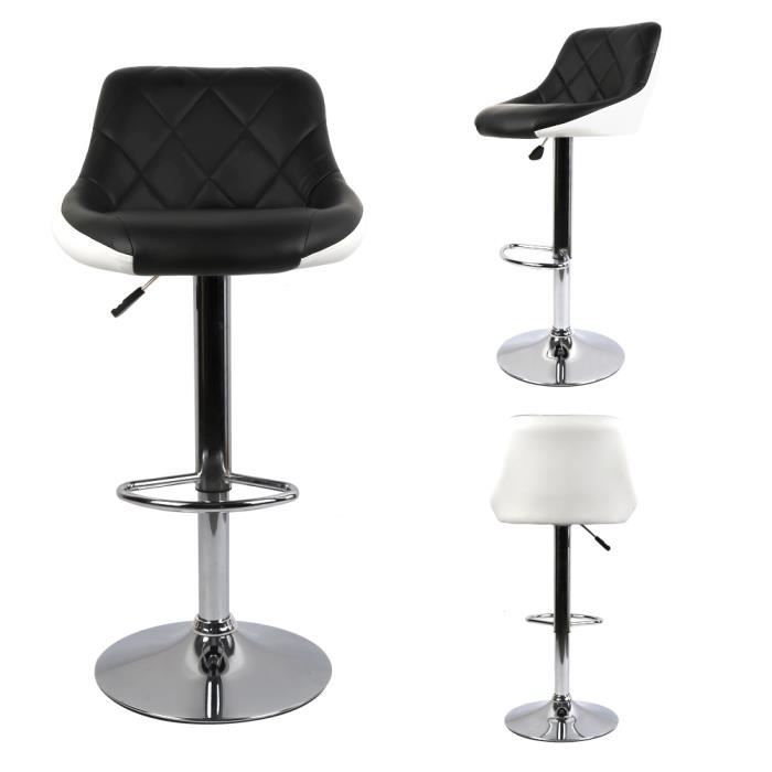 Lot de 2 Chaises Tabourets de bar cuisine en simili cuir réglage en hauteur avec dossier Noir Blanc