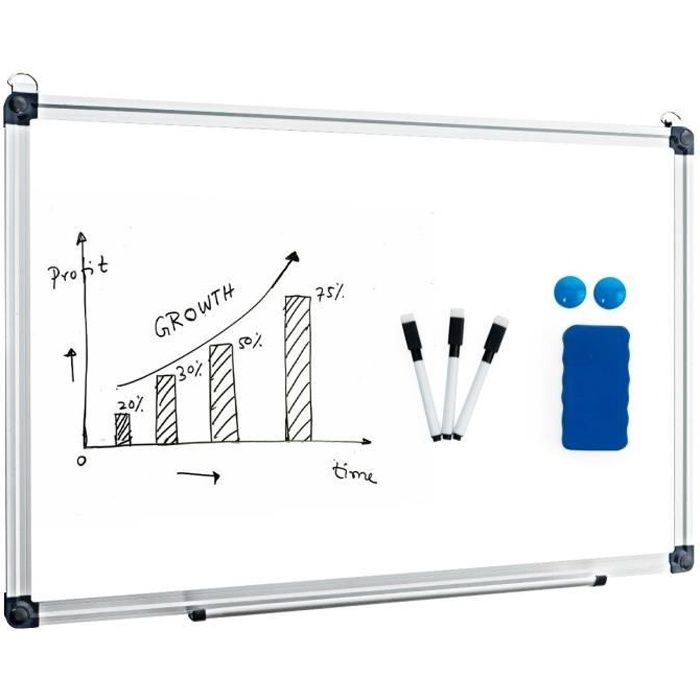 HOMCOM Tableau blanc magnétique cadre aluminium 60 x 45 cm avec feutres,  effaceur et aimants