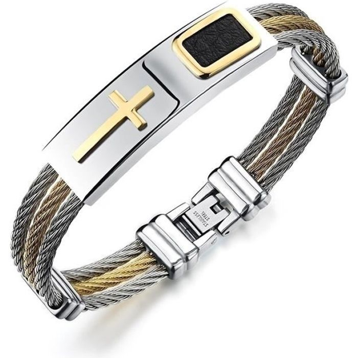 Flongo Bracelet en Cuir Croix J/ésus Christ Acier Inoxydable Bracelet Machette Multi-Rangs Couleur Argent//Or pour Homme Biker Motard