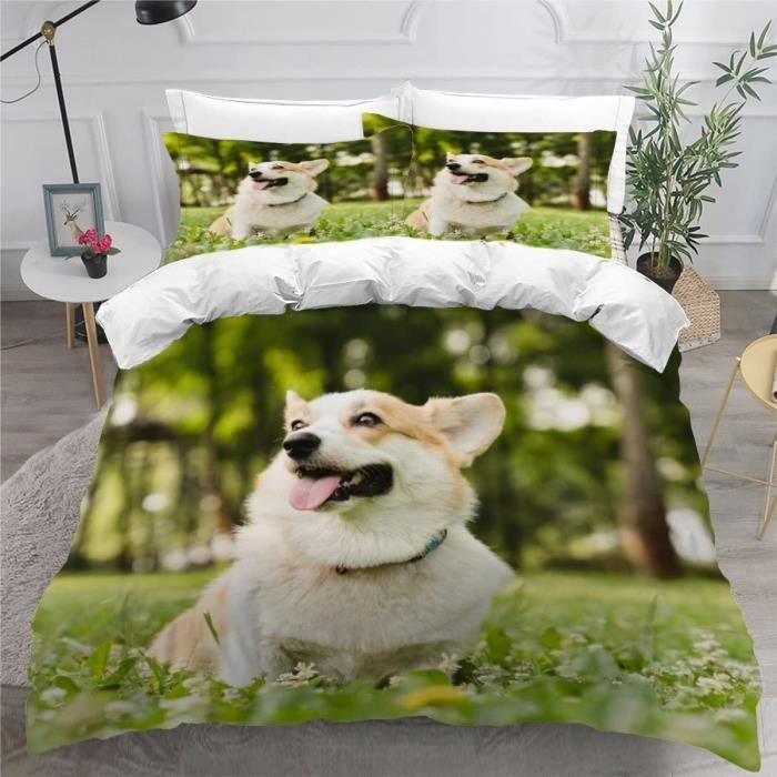 Housse de Couette Petit Corgi Parure de Lit avec 2 Taies d'oreiller