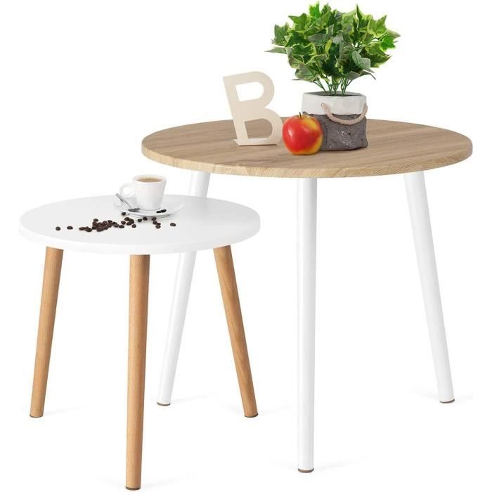 Lot De 2 Tables Basses Rondes Empilables - Plateaux En Verre Trempé, Pieds En Métal Doré, Diamètres 60 Cm Et 40 Cm