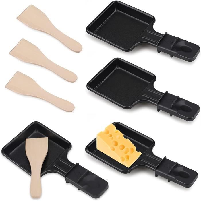 4 Poêlons Raclette Antiadhésifs + 4 Spatules Bois - Mini Coupelles Fonte Pour Appareil Raclette HengBO