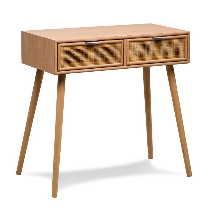Nordlys - Console table scandinave en bois avec 2 tiroirs Cannage Rotin Hetre Marron 80 x 42 x 79 (cm)