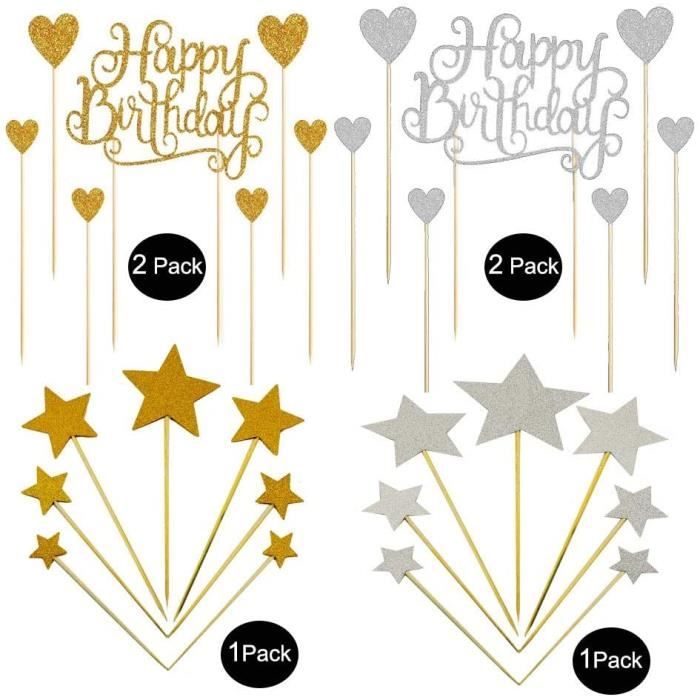 Decoration De Gateau Bluvast Deco Gateau Anniversaire 42 Pieces Happy Birthday Gateau Toppers Dore Argent Etoile Decor Cdiscount Maison
