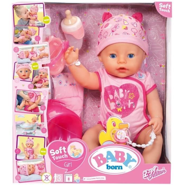 Baby Born Soft Touch Fille Poupon 43 Cm Sans Piles 9 Fonctions Il Pleure Fait Pipi Boit De L Eau Jouet Pour Enfants Des 3 Ans Cdiscount