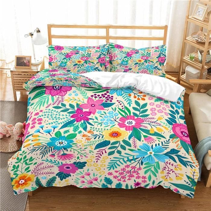 Parure De Lit 3 Pieces 260x240cm Ensemble Housse Couette Colore Fleurs Feuilles Plantes Doux Elegance Taie Oreiller Housse Co 78 Cdiscount Maison
