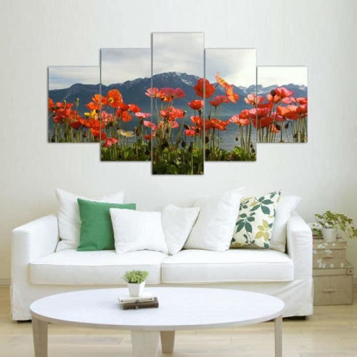 Impression sur Toile 5 Pieces Beaux Coquelicots Rouges Montagne à ...