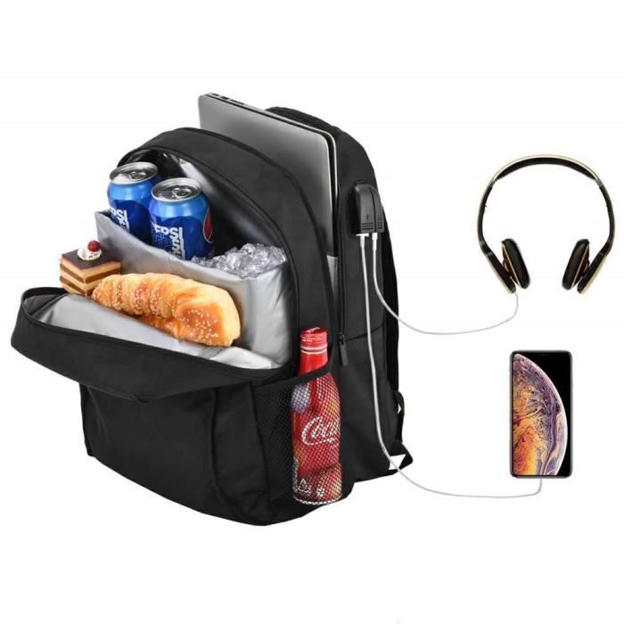 Posloc Sac à Dos Glacière avec Conteneur Ordinateur Portable Maximum 14 Pouces Coloris : Noir Sac à Dos pour Travail Quotidien et Déplacements Sac Isotherme Repas étanche 24 pour Femme et Homme 