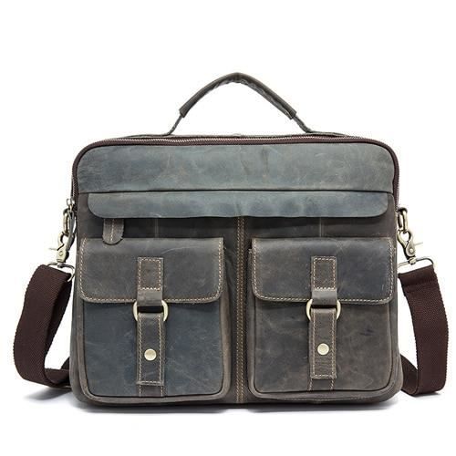 Sac Messager Vintage En Cuir Et Toile KEREITH - Mallette Ordinateur 15,6" Style Rétro - Vert Armée