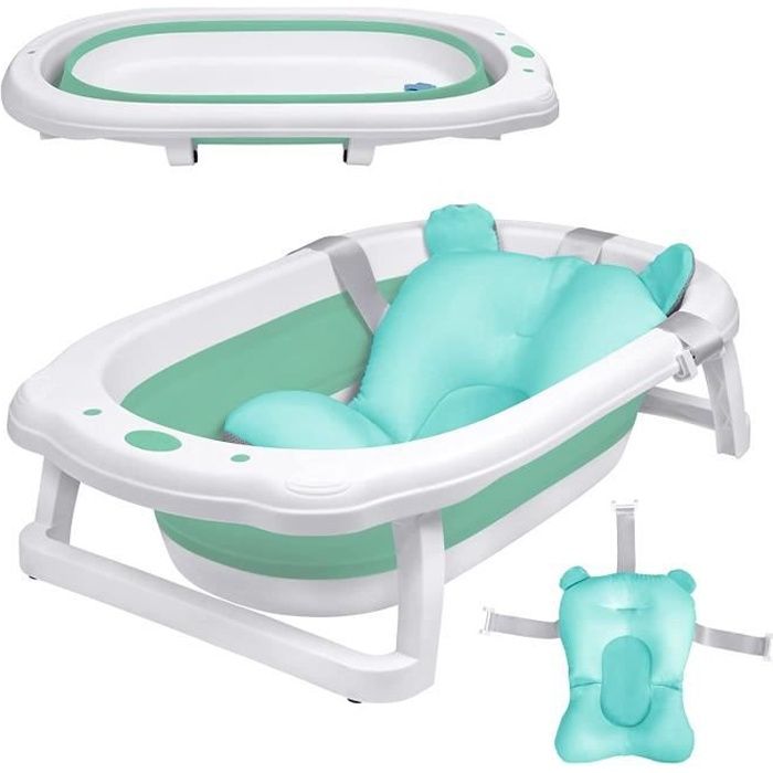 Baignoire Bébé Pliable Baignoire Bébé Ergonomique avec Pieds Antidérapants  pour Bébés et Nouveau-nés (Vert + Coussin de bain)