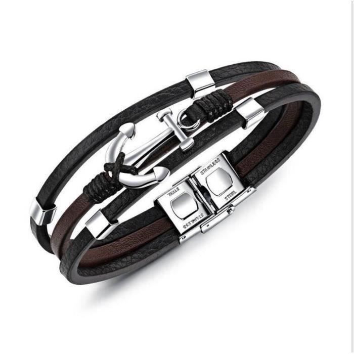 Bracelet en Cuir pour Hommes - AUTREMENT - Pirate Anchor - Noir - Acier