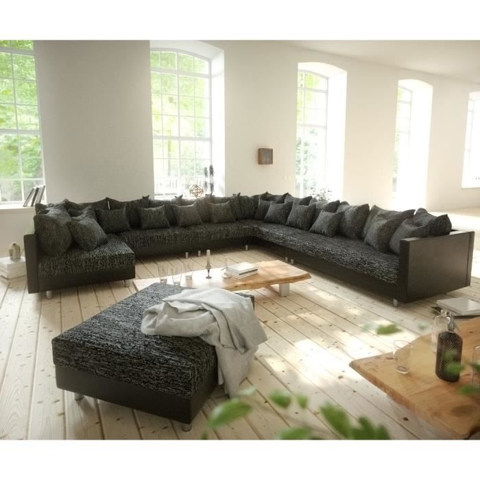 Canapé Clovis XXL canapé panoramique canapé modulable noir avec tabouret