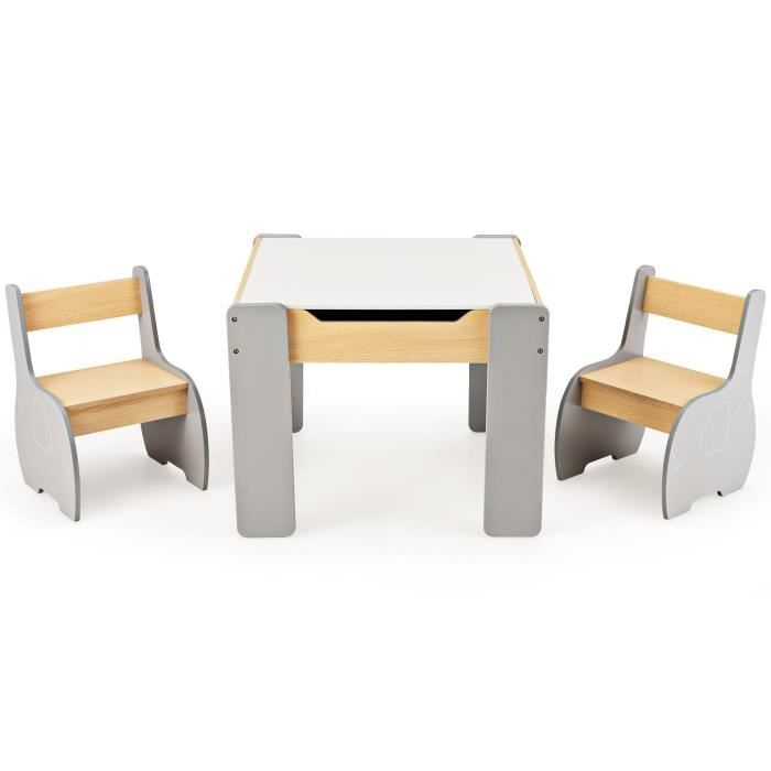 DREAMADE 3 en 1 Ensemble Table et 2 Chaises Enfant avec Tableau Noir Plateau Amovible Boîtes de Rangement pour 3-6 Ans Gris