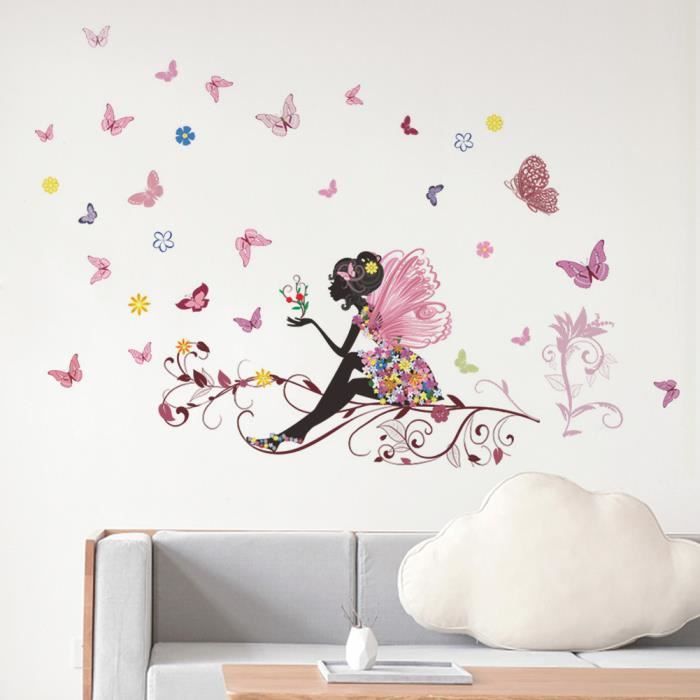 Sticker Mural Chambre Bébé Fille - Motif Fée Papillons Et Fleurs Multicolores Par Graz Design