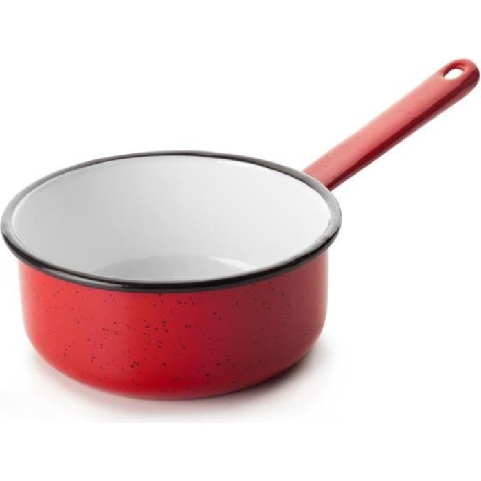 CASSEROLE EMAILLEE ROUGE INTERIEUR BLANC - BORD NOIR - DIMENSIONS DIAMETRE 14 CM - CONTENANCE 0,90 L - TOUS FEUX DONT INDUCTION -...