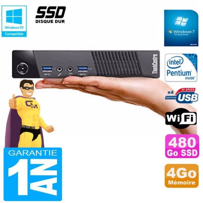Ultra Mini PC Lenovo M73 USFF Tiny G3250T 4Go Disque 480Go SSD Wifi W7 - vue 2