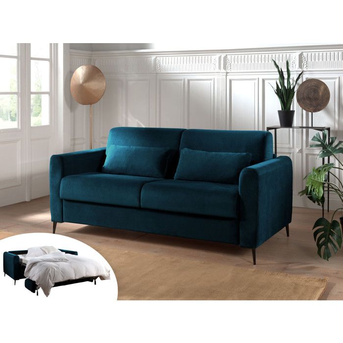 Canap&eacute; droit convertible 3 places Velours Bleu canard