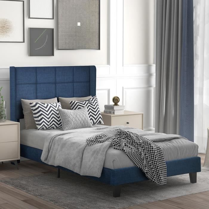 Lit adulte 90x200cm en tissu de lin Cadre de lit avec sommier à lattes et tête de lit rembourrée Bleu Lit adulte 90x200cm en tissu de lin Cadre de lit avec sommier à lattes et tête de lit rembourrée Bleu