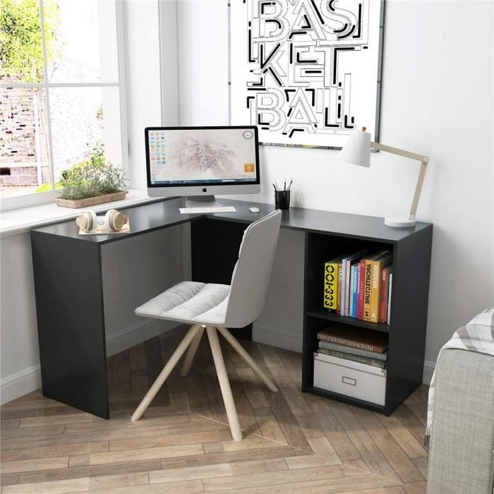 Bureau d'angle avec Rangement 2 Étagères, bureau informatique, bureau d'ordinateur,  Bois, Noir-Mondeer - Cdiscount Maison