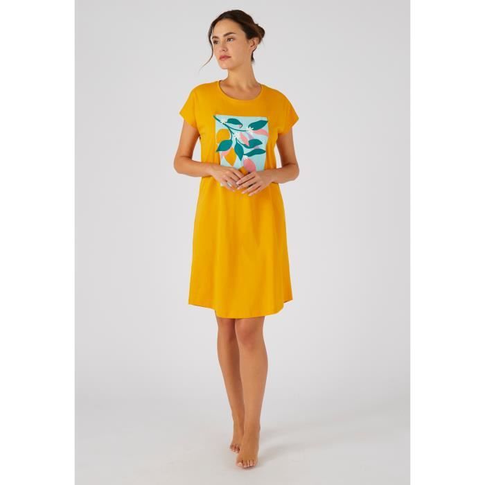 Chemise de nuit en pur coton peigne DAMART Jaune Orange Femme Jaune orange Cdiscount Pret a Porter