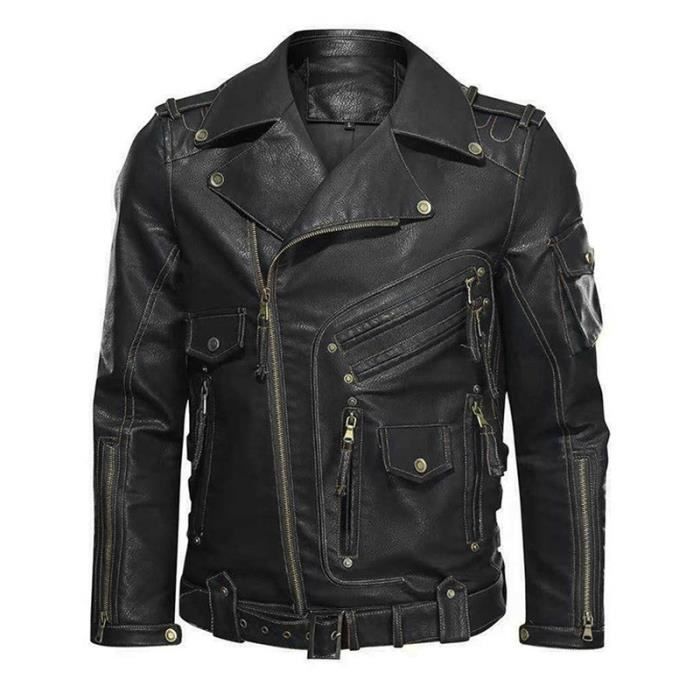 Blouson Homme En Cuir - Veste Hiver Chaude - Poches Pratiques - Taille Grande - Automne/Hiver 2025