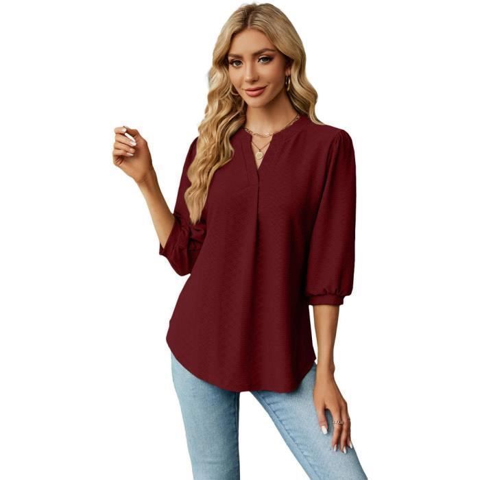 Chemise Femme Coton Lin Col V Manches 3/4 - Blouse Décontractée Ample Respirante Été