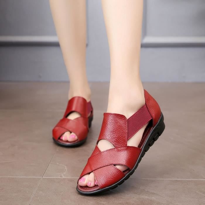 Femmes été Rome Style chaussures décontractées en cuir talon compensé bout  ouvert sandales de confort rouge - Achat / Vente Femmes été Rome Style pas  cher - Cdiscount