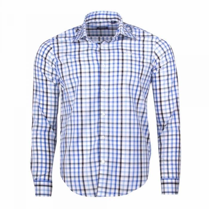 Chemise bucheron manches longues a carreaux cintree Homme NEW MAN Bleu Cdiscount Pret a Porter