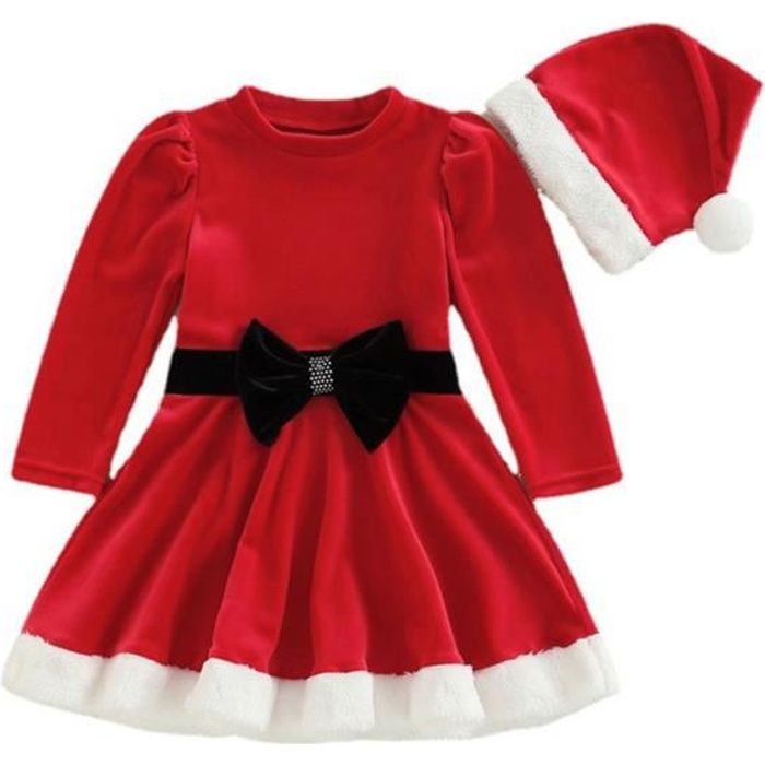 YIZYIF Déguisment Mère Noël Fille Enfant Robe Velours Manches Longues avec Chapeau Cosume Noël 1