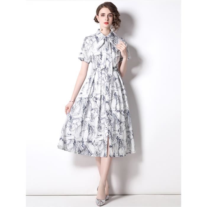 Français rétro impression chemise robe femmes noeud papillon col