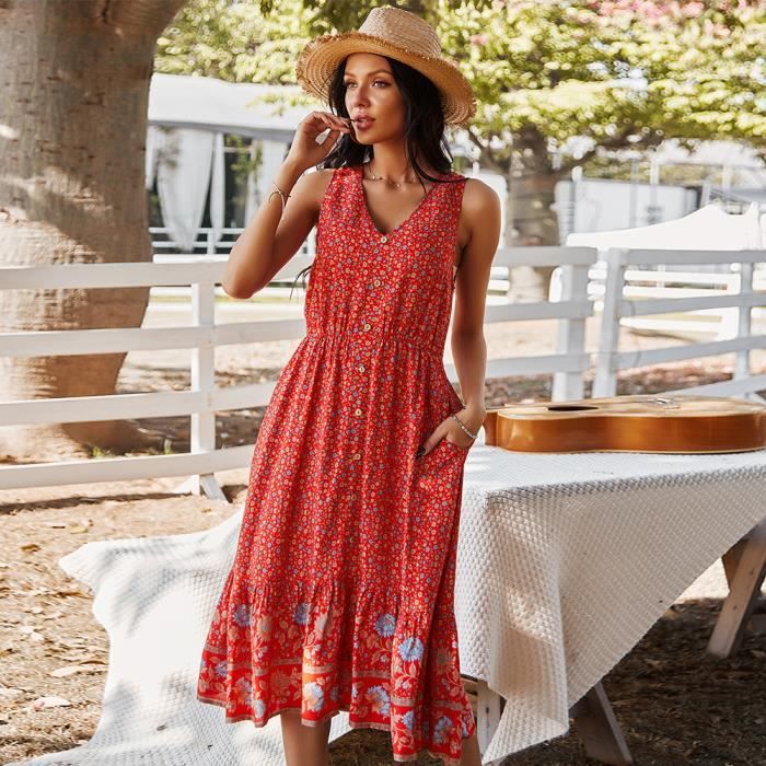 Robe femme chic Mode elegant Vacances ete Boheme Rouge CHUANGNA Rouge Cdiscount Pret a Porter