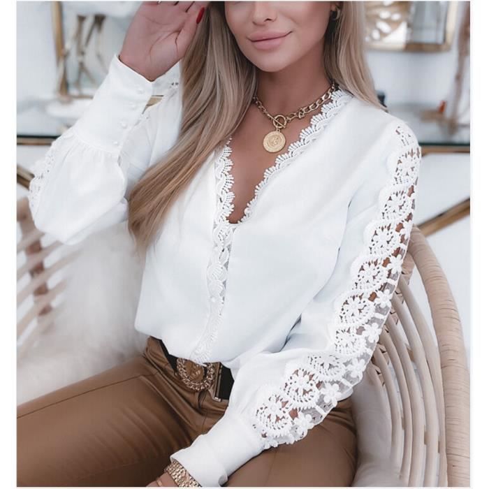 Chemise Chemisier a manches longues en dentelle pour femmes Sexy ajoure elegant boutons blanc printemps ete WHITE D7282 Blanc Cdiscount Pret a Porter