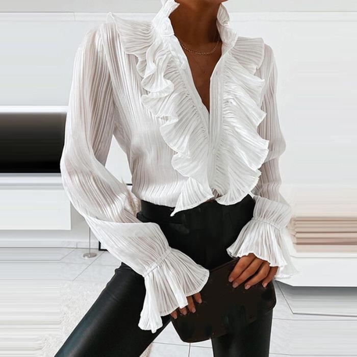 Chemise Chemisier a volants a col en V elegant pour femmes chemises decontractees a manches longues pour femmes White A5948 Blanc Cdiscount Pret a Porter