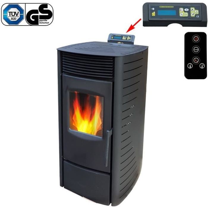 NEMAXX P9 Poêle à granulés en acier noir avec télécommande - 9kW - 30716,7 BTU - rendement 86,2% - 220m³ capacité de chauffage - mod