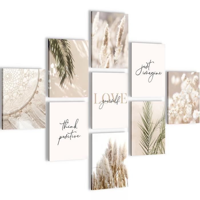 6 Tableaux Sur Toile 20x30 Cm Boho - Cadre Bois, Motifs Géométriques Et Plantes Colorées