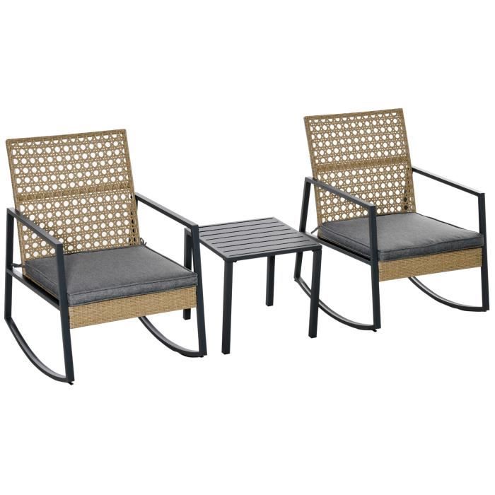 Outsunny Ensemble de jardin 3 pièces style colonial 2 fauteuils à bascule avec coussins assise gris table basse métal époxy beige