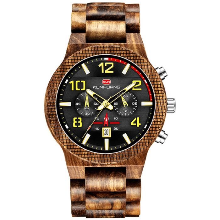 Montre hommes marque de luxe montres en Bois de zèbre - chronographe date etanche Top qualité