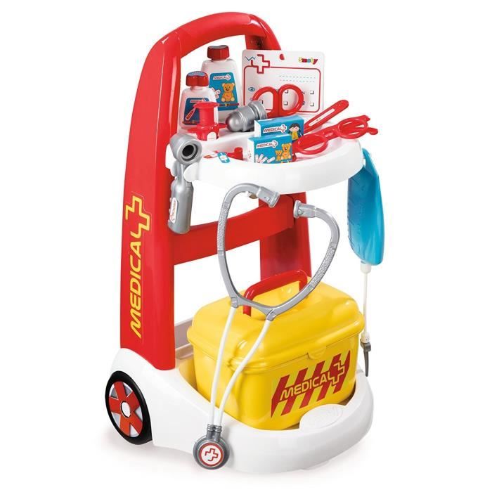 Smoby - Chariot Médical Electronique - Jouet pour Enfant - 16 Accessoires de Docteur - Sons et Lumières - 340202, Rouge